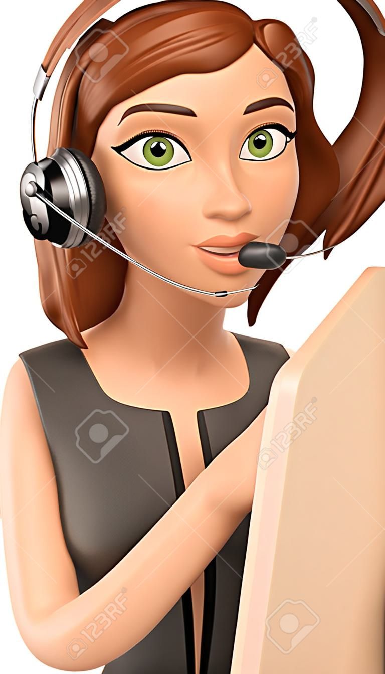 Abbildung der Arbeit 3d Leute. Call-Center-Betreiber mit Kopfhörer zur Seite zeigend. Getrennter weißer Hintergrund.