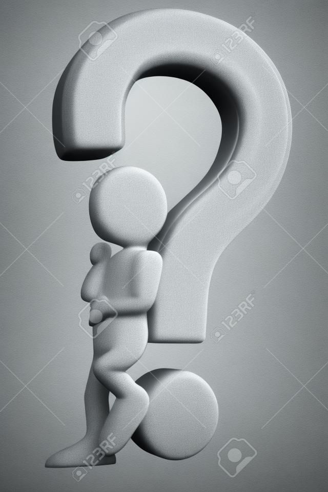 3d white people illustration. Man leaning on a question mark. Challenge. Isolated white background.