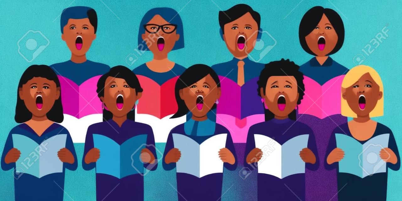 Grupo diverso de adultos cantando en un coro multicultural