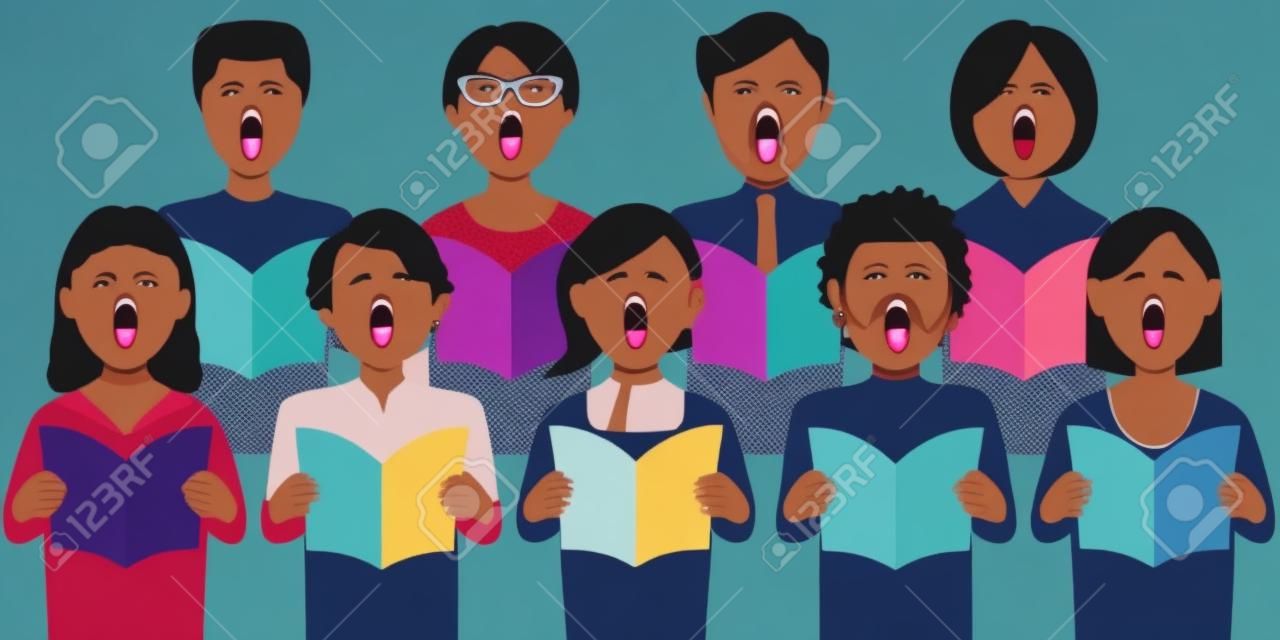 Grupo diverso de adultos cantando en un coro multicultural