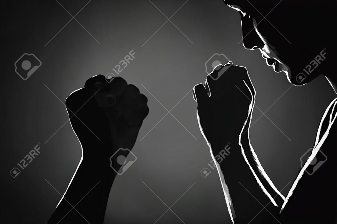 Religion, belief, worship concept copy space: Black and white prayer hands with palms up to pray God