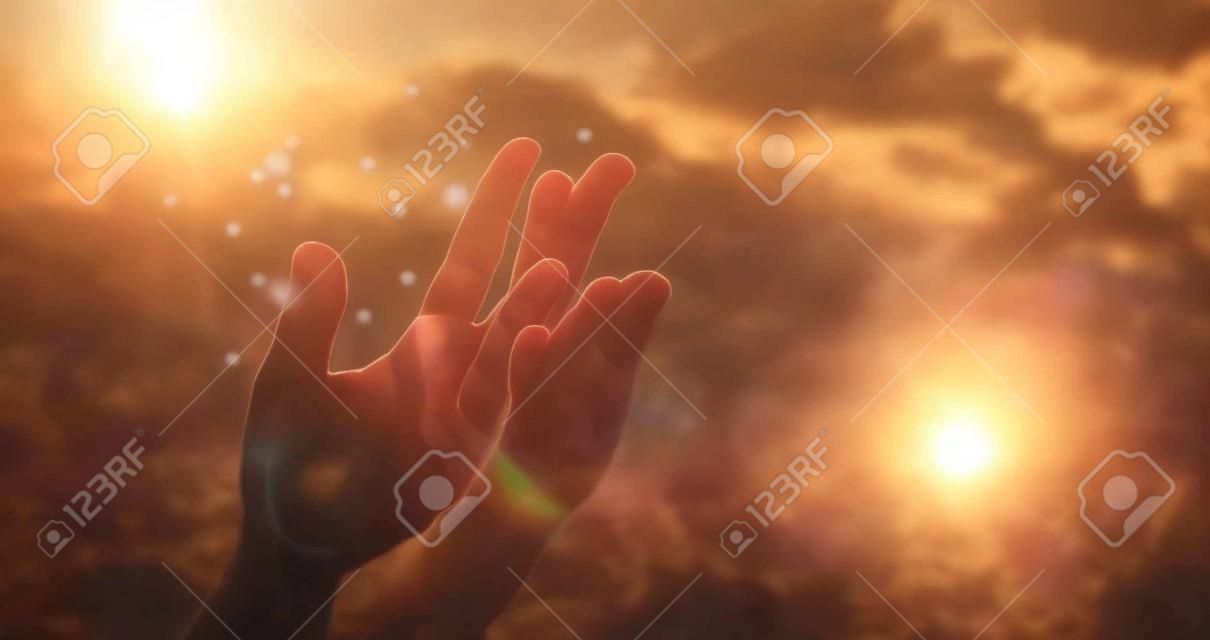 Christianity religion concept. Christian life crisis prayer to god. Woman pray for god blessing to wishing have better life.Woman hand worship to god. Begging for forgiveness and believe in goodness.