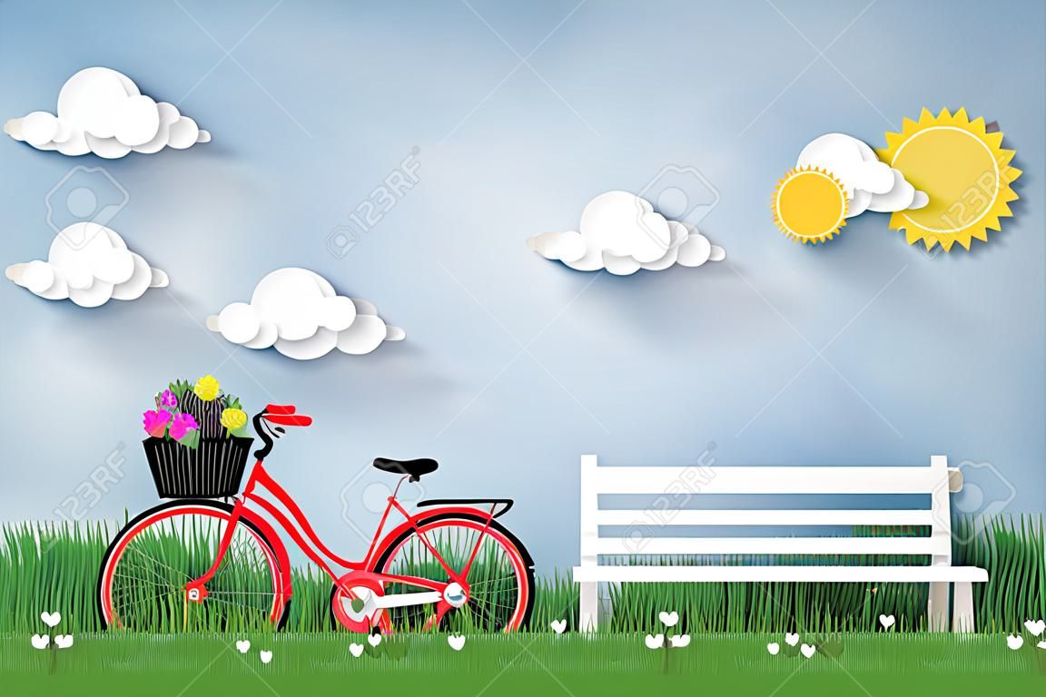 Bicycle in the garden with  white bench.paper art style.