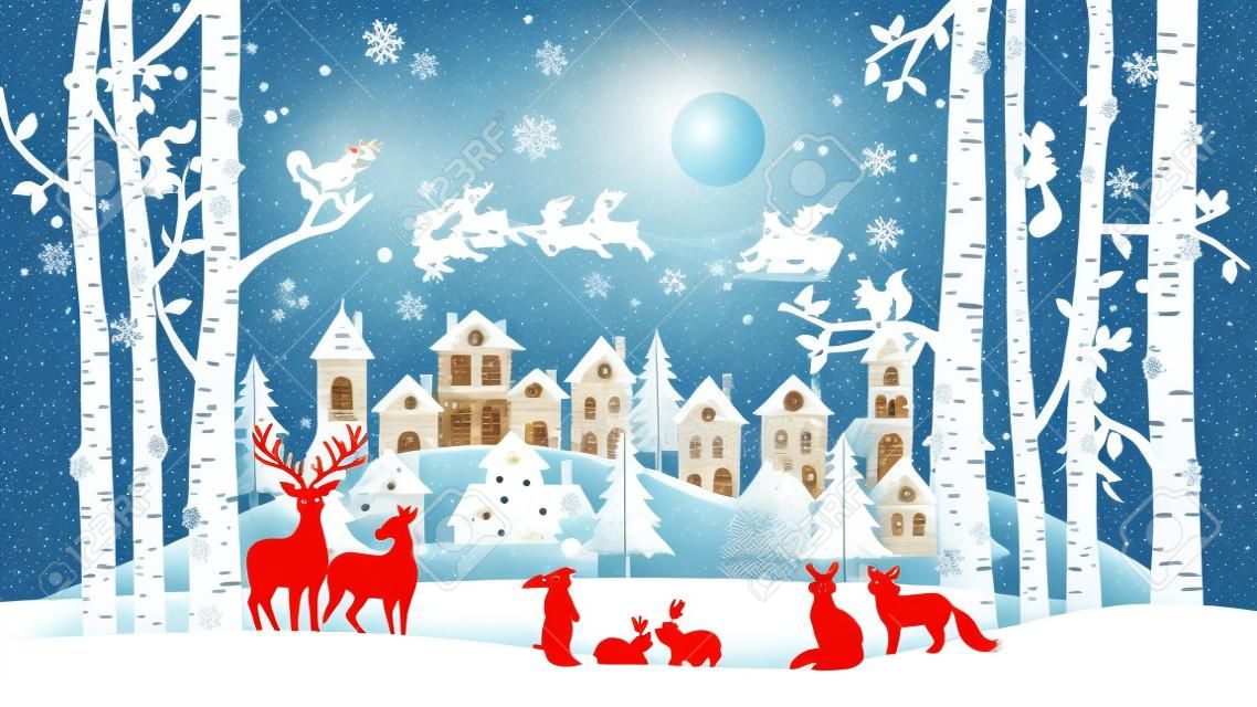 冬の季節とメリークリスマスのイラスト.街に来る空にサンタクロースと森の中の動物、紙の芸術や工芸品のスタイル