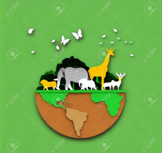 World Wildlife Day with the animal in forest , Paper art and digital craft style.