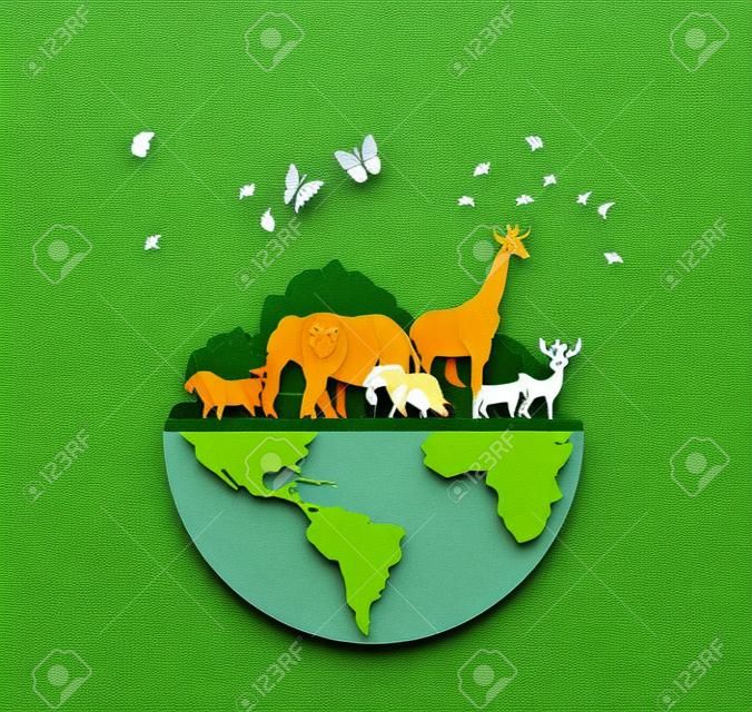 Día Mundial de la Vida Silvestre con el animal en el bosque, arte en papel y estilo artesanal digital.