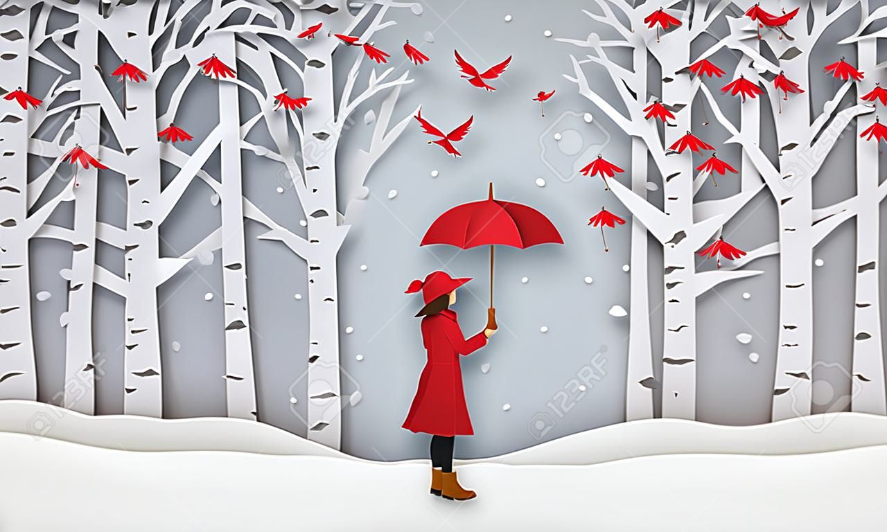 Würzen Sie mit dem Mädchen einen roten Regenschirm, Papierkunst und Bastelstil.