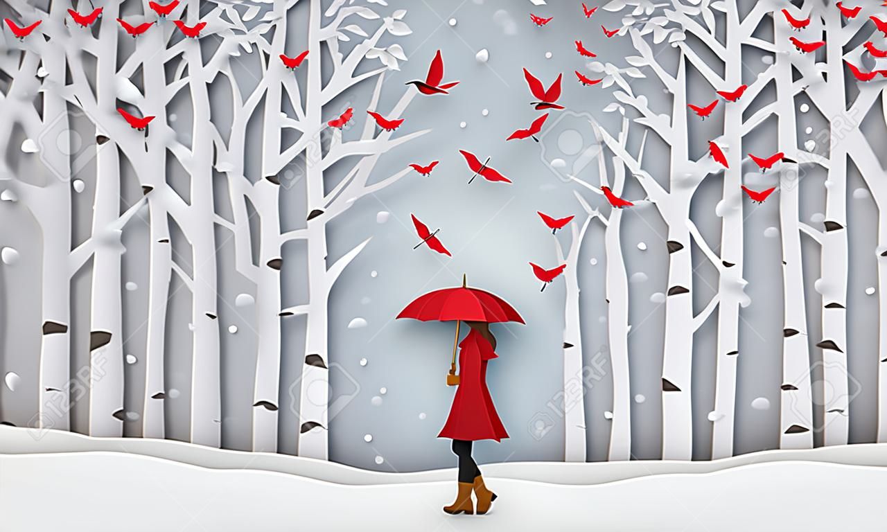 Season with the girl open red an umbrella, paper art and craft style.