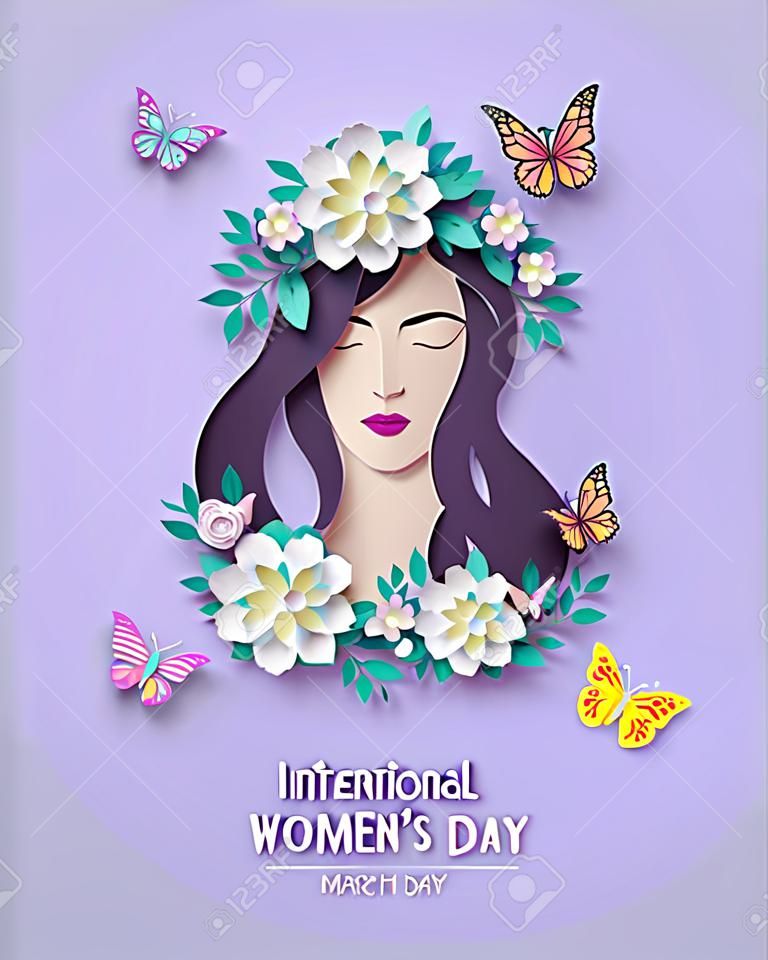 Journée internationale de la femme 8 mars avec cadre de fleurs et de feuilles, style art papier.