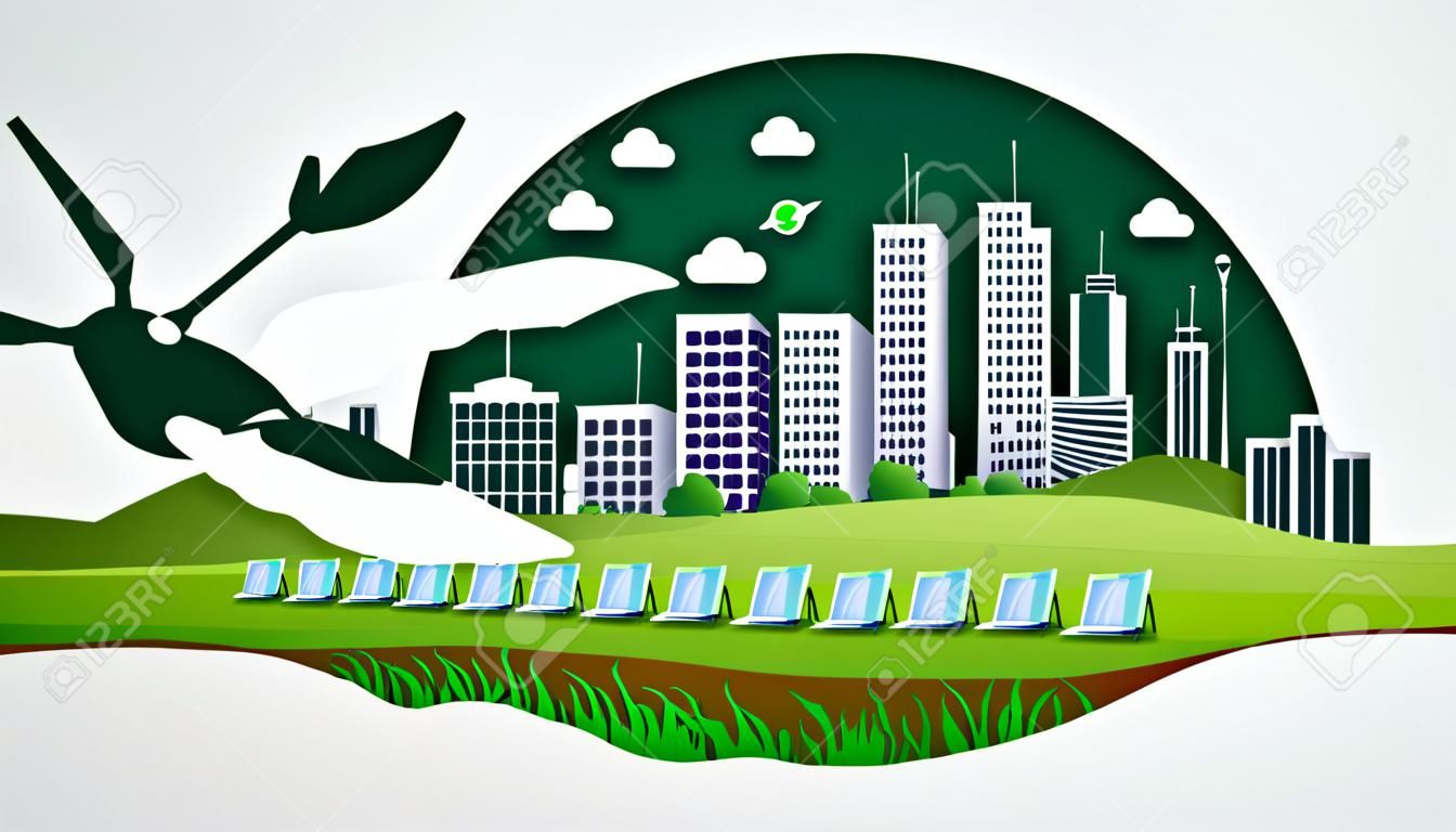 Illustration of ecology  and environment with green city. Paper cut.