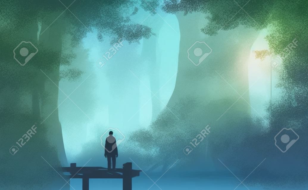 Digital illustration painting design style man standing on the pier against  flyflies and big trees.