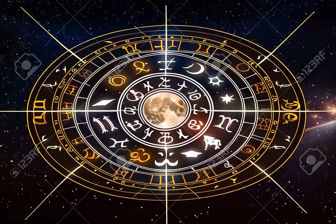 Segni zodiacali astrologici all'interno del cerchio dell'oroscopo. Astrologia, conoscenza delle stelle nel cielo sopra la via lattea e la luna. Il potere del concetto di universo.