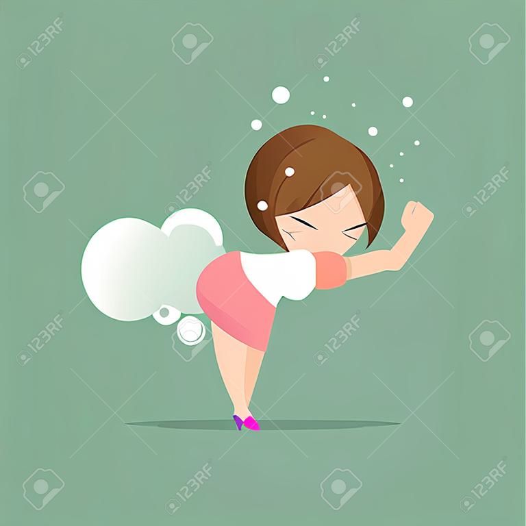 Женщина farting с пустой воздушный шар из его нижней части вектора, концепция с здравоохранения и медицины.