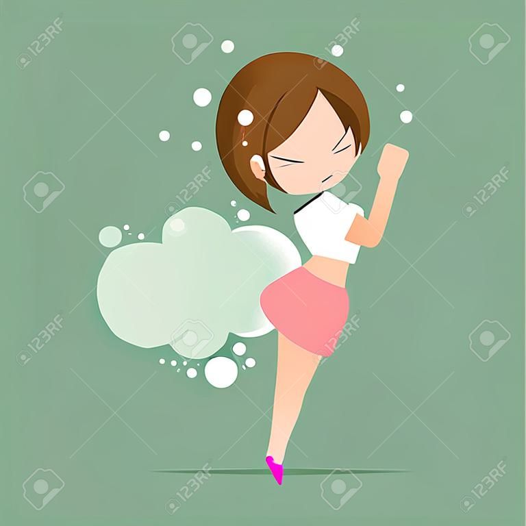 Женщина farting с пустой воздушный шар из его нижней части вектора, концепция с здравоохранения и медицины.