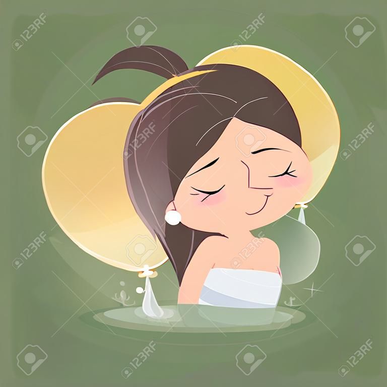 Cute woman farting with blank balloon out from her bottom against green background, Vector, Funny face cartoon, Illustration