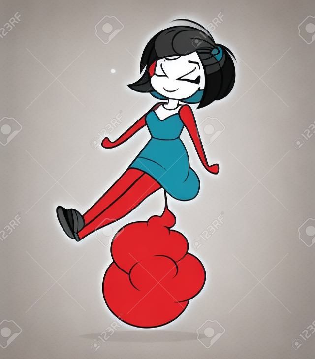 Female wearing skirt, farting, cartoon illustration.