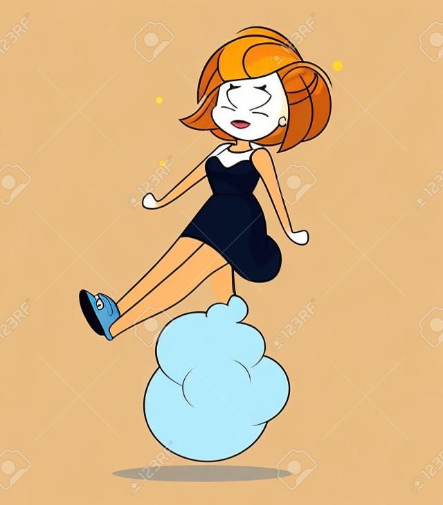 Female wearing skirt, farting, cartoon illustration.