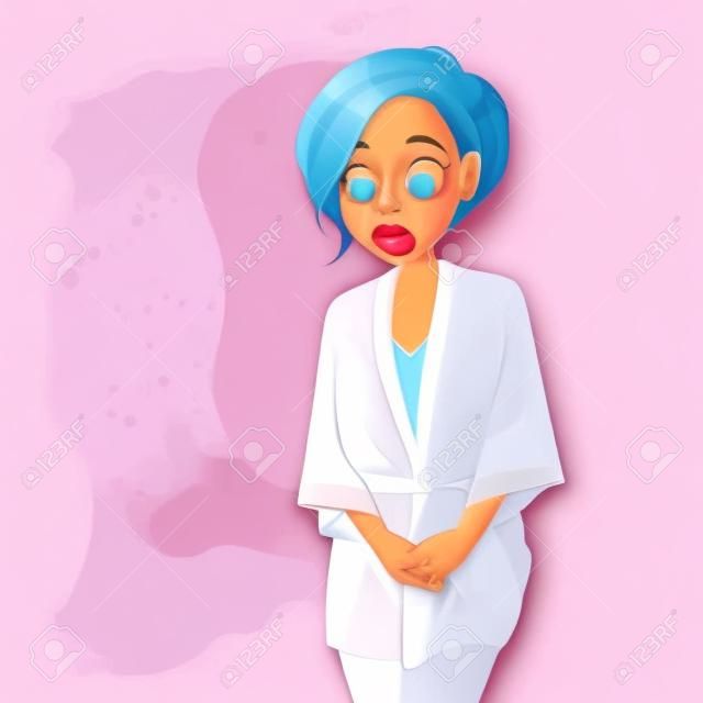 Cartoon-Frau in rosa Nachtwäsche mit Juckreiz im Genitalbereich, verursacht durch den Pilz. Vaginale Hefe-Infektionssymptome. Konzepte für Illustration und Vektordesign