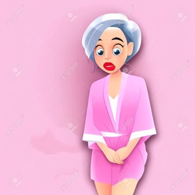 Cartoon mulher em sleepwear rosa com coceira genital causada pelo fungo. Sintomas de infecção por levedura vaginal. Conceitos para ilustração e design vetorial
