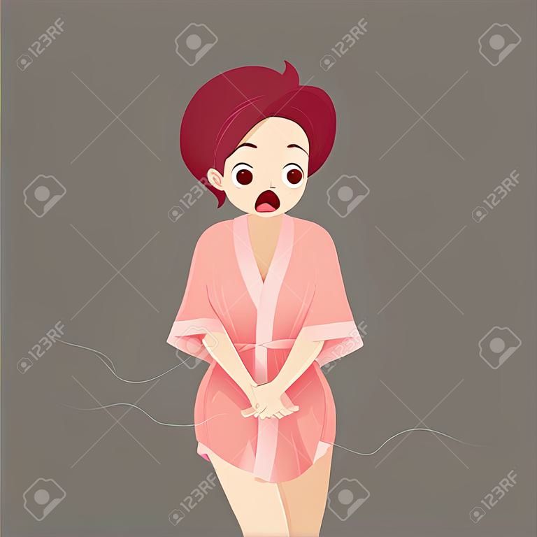 Femme de bande dessinée en vêtements de nuit roses avec des démangeaisons génitales causées par le champignon. Symptômes d'infection vaginale à levures. Concepts pour l'illustration et la conception vectorielle