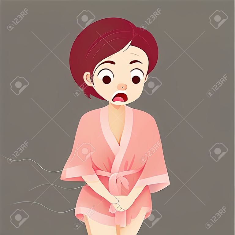 곰팡이로 인한 생식기 가려움증이 있는 분홍색 잠옷을 입은 만화 여자. 질 효모 감염 증상. 일러스트레이션 및 벡터 디자인을 위한 개념