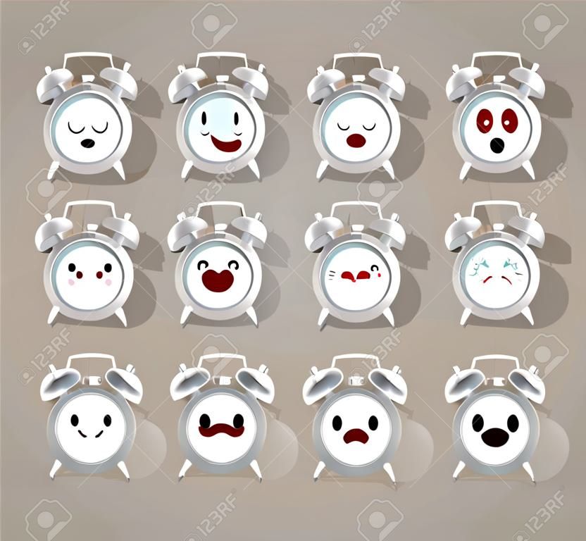 Set of alarm clock emotions. Cartoon faces expressions set on light brown background. Vector illustration design.