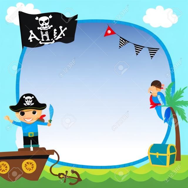 Vector da ilustração do pirata bonito das crianças com navio no fundo do mar do oceano para template.Blank ao espaço.