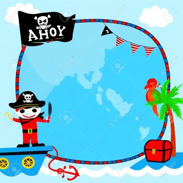 Illustration vecteur de pirate des enfants mignons avec un navire sur fond de l'océan pour le template.Blank vers l'espace.