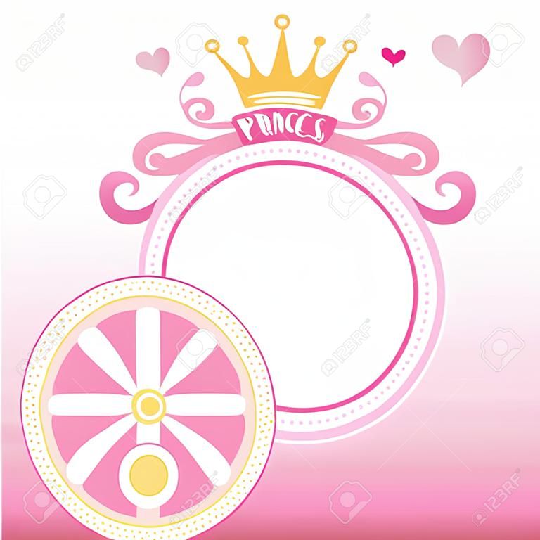 Illustrationsvektor des netten Prinzessinkarre verziert mit Krone auf rosa Hintergrunddesign für Rahmen und Schablone.