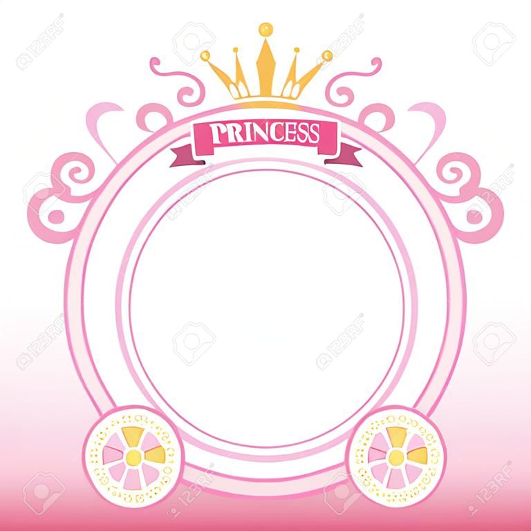 用在桃紅色背景設計的冠裝飾的逗人喜愛的公主推車的例證傳染媒介框架和模板的。