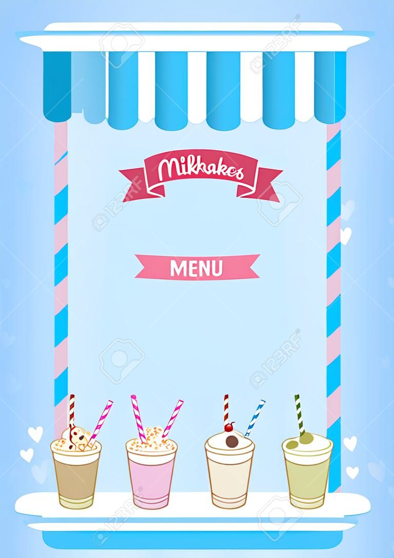 Milkshakes menu szablonu zdobione na niebieskim tle ładny szablon cafe.