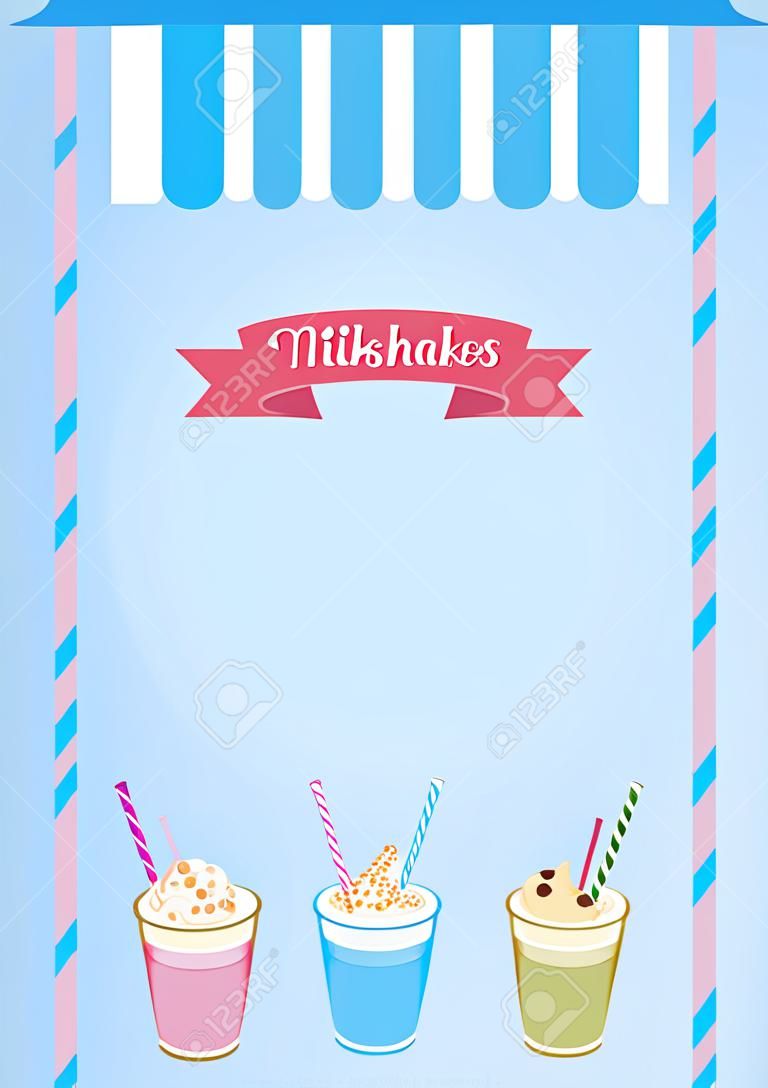 Milkshakes menu szablonu zdobione na niebieskim tle ładny szablon cafe.