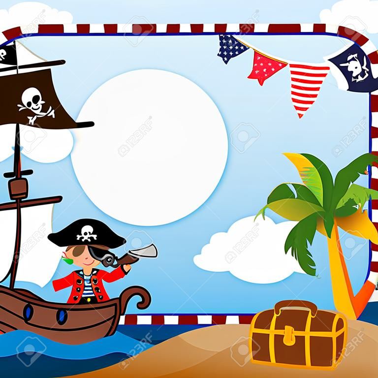 Pirate boy on ship and parrot with frame.