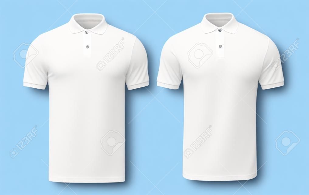 白いポロシャツのモックアップ前面と背面は、白い背景に分離されたデザインテンプレートとして使用