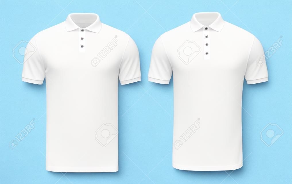 흰색 폴로 셔츠 모형 앞면과 뒷면은 흰색 배경에 격리된 디자인 템플릿으로 사용됩니다.