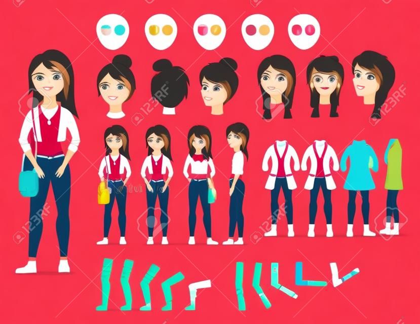 Girl character creation set vector illustration. Female constructor with various emotion on face, hand, leg, pose, hairstyle. Front, side, back view animated teenager with bag over shoulder