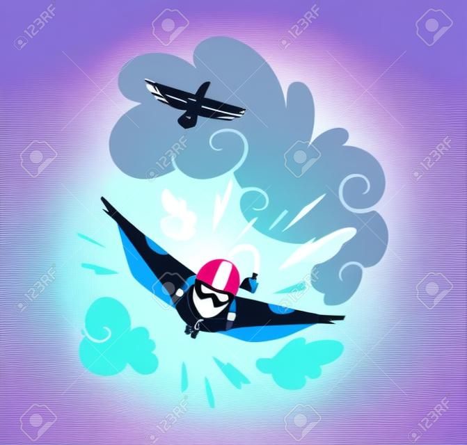 Skydiving vector sport illustration. Extreme sport background. Skydiving wing suit