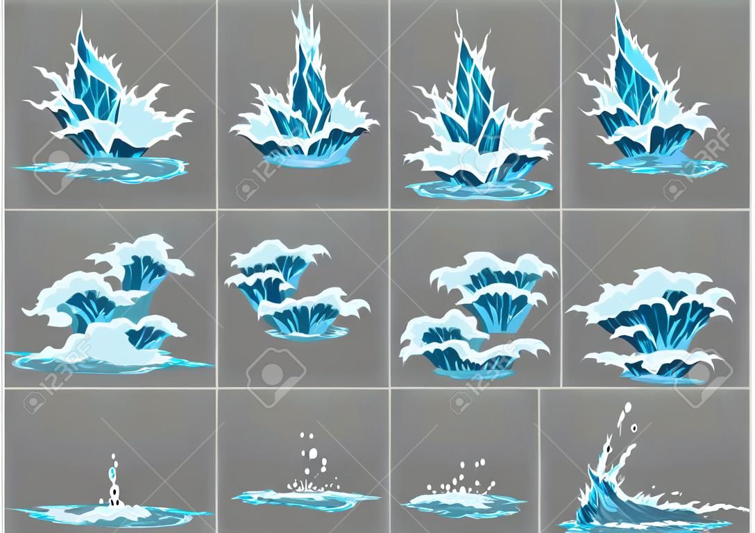 Elemento respingos de água animação. Vector frame set for game animation. Dripping water special effect fx animation frames sprite sheet