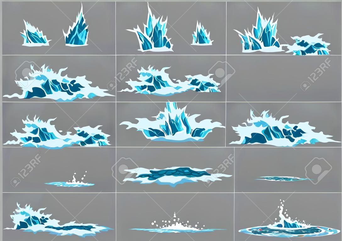 Animacja rozprysków wody elementu. Wektor zestaw ramek do animacji gry. Kapiąca woda efekt specjalny klatek animacji fx arkusz sprite