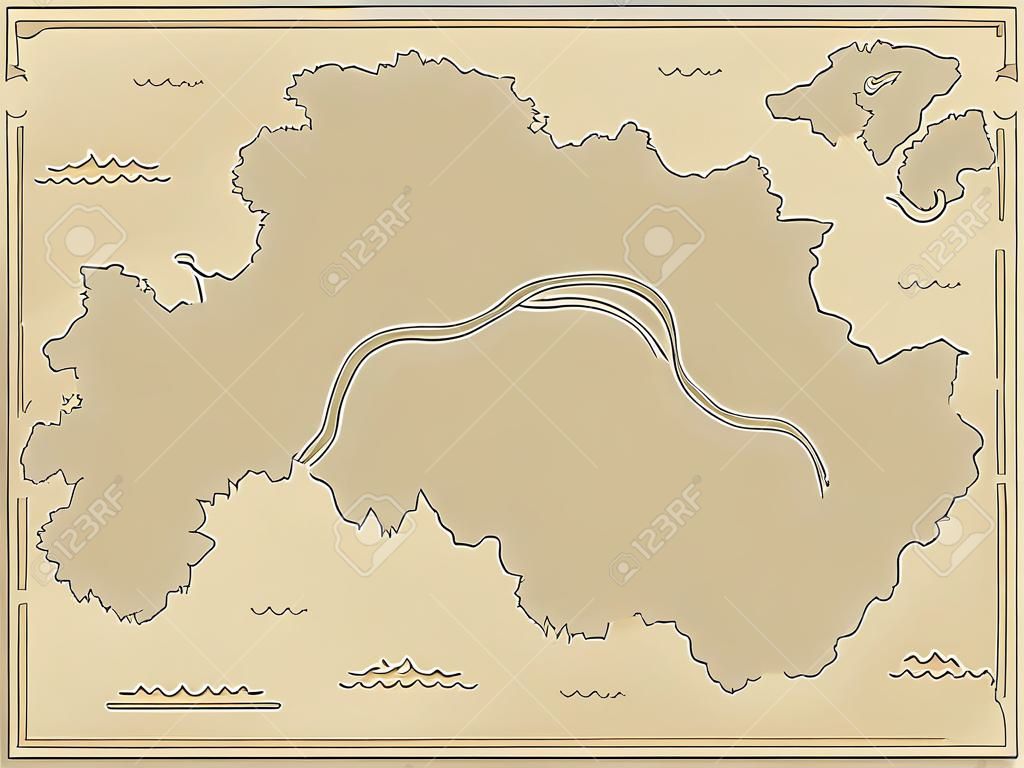 Modello di mappa dell'isola dei cartoni animati per il gioco di livello successivo. mappa dei pirati con vecchie creature fantastiche, isola del tesoro. illustrazione vettoriale disegnato a mano, sfondo vintage