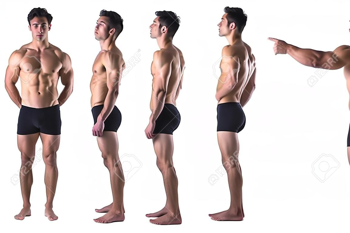 Three views of muscular shirtless male bodybuilder: back, front and profile shot, isolated on white background