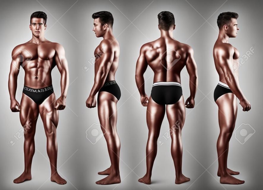 Quattro punti di vista del bodybuilder maschio senza camicia muscolare: colpo posteriore, anteriore e di profilo, isolato su priorità bassa bianca