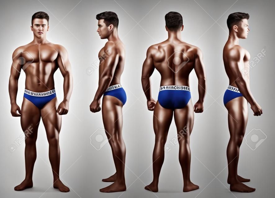 Vier Ansichten des muskulösen hemdlosen männlichen Bodybuilders: Rücken-, Front- und Profilaufnahme, lokalisiert auf weißem Hintergrund