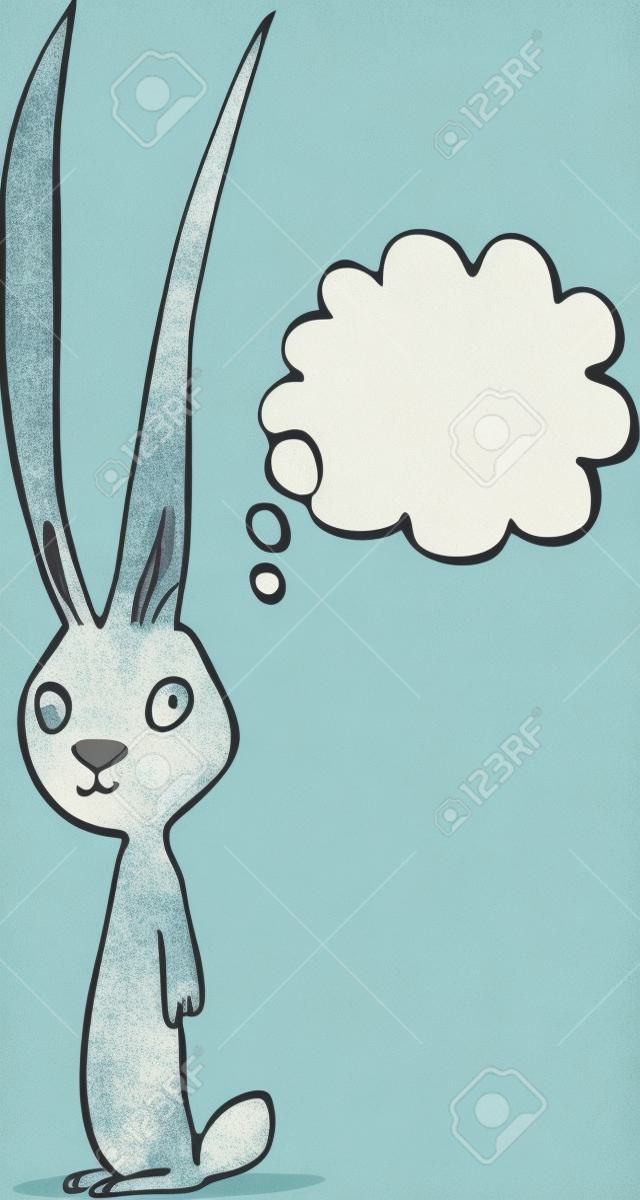 Lazy-eyed rabbit standing with a thought cloud.