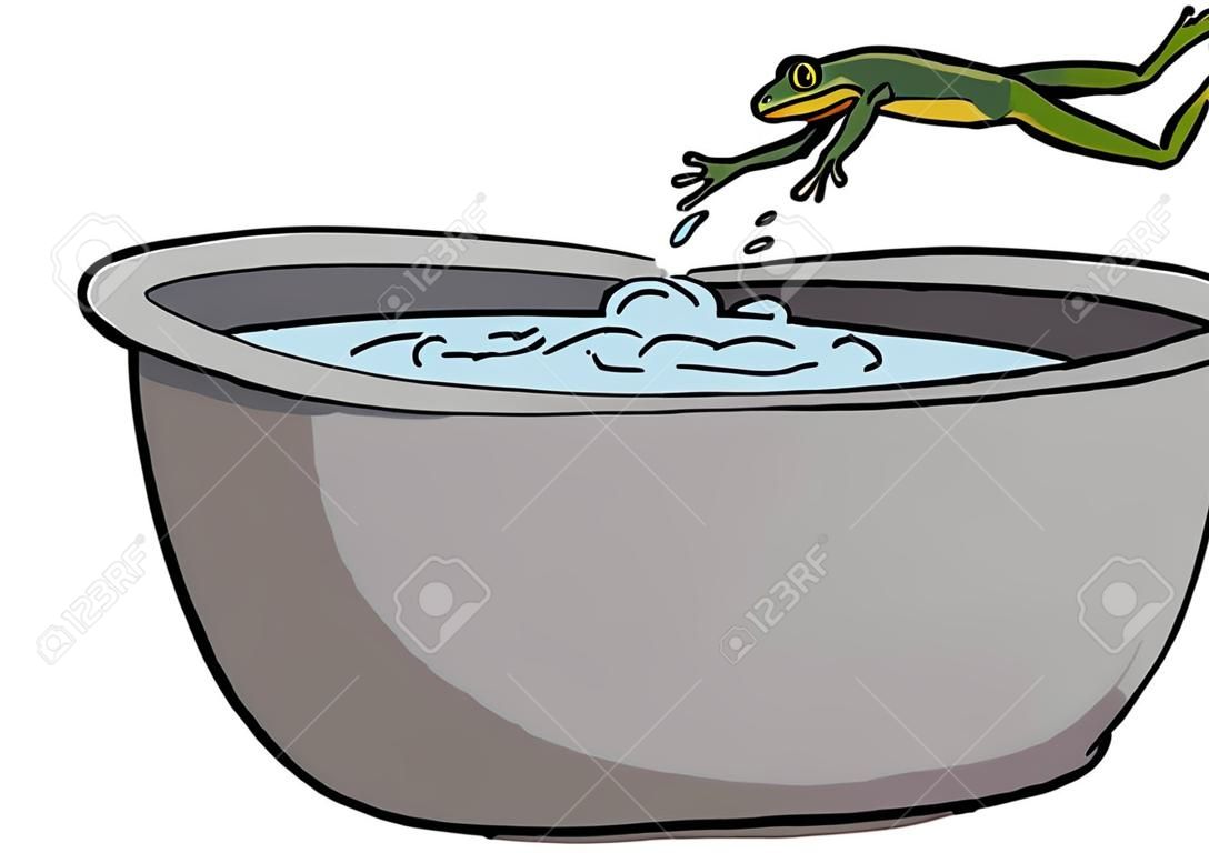 De dibujos animados de la rana que salta de olla de agua hirviendo