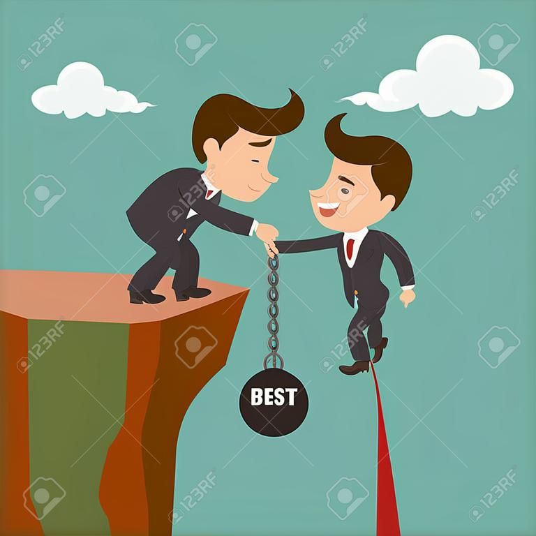 Businessman helping his friend pull up on the cliff. Vector illustration.	
