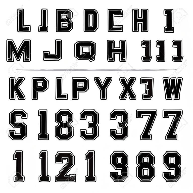 Lettere e numeri dell'alfabeto sportivo su sfondo bianco. Carattere sportivo vintage. Lettere e numeri vettore.