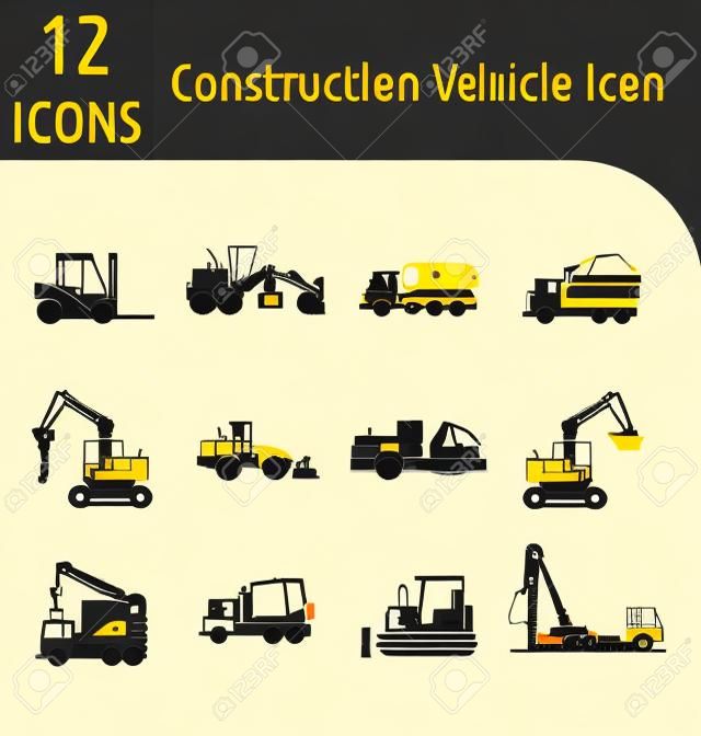 Road Construction Equipment outline icon set with wheel loader,Motor Grader,Road Roller Machine,Excavator,Forklift Truck,Truck Crane .