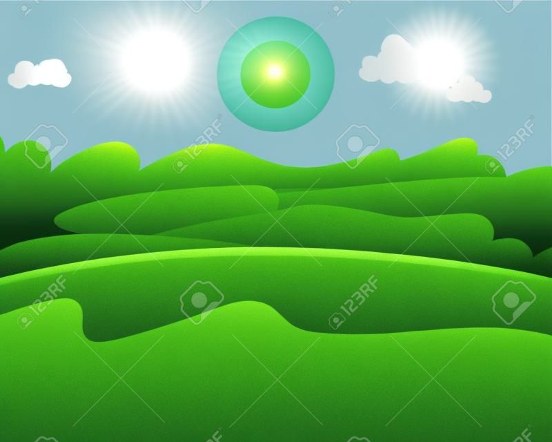 Champ vert, nuages, ciel et soleil, illustration vectorielle
