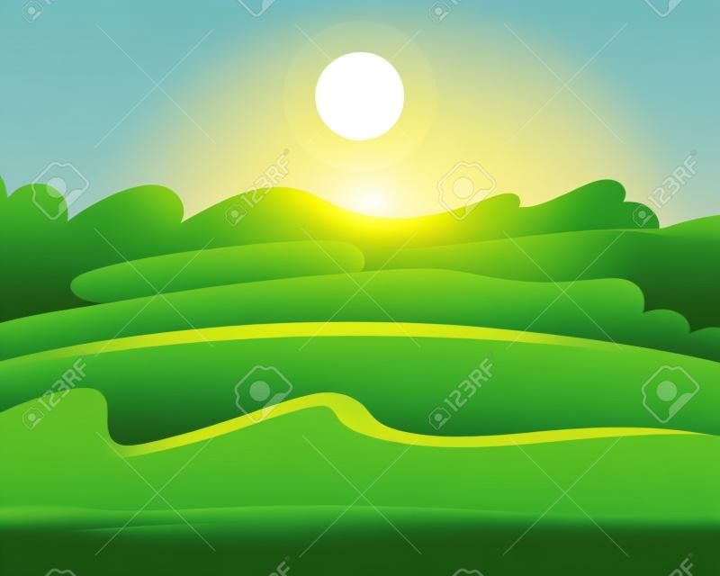 Champ vert, nuages, ciel et soleil, illustration vectorielle